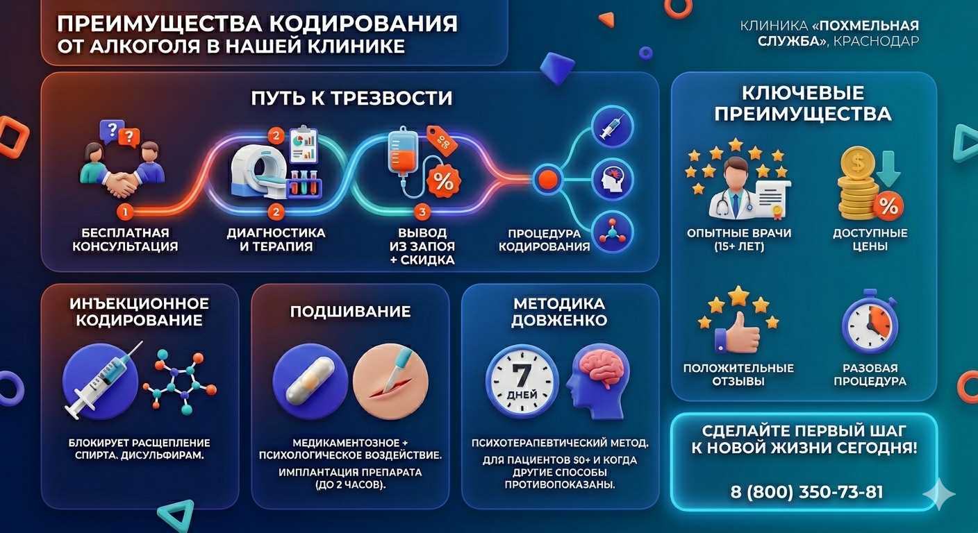 Инфографика о методах кодирования от алкоголя в Тоцком Втором: инъекции, подшивание, метод Довженко. Преимущества клиники и этапы лечения.