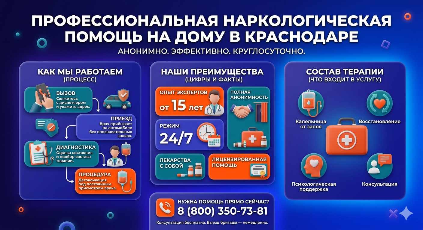 Инфографика о принципах лечения алкоголизма на дому в Тоцком Втором: этапы вызова нарколога, преимущества анонимной детоксикации и состав медицинской помощи.